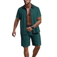 Short Sleeve Shorts Waffle Contrast Color Casual Beach Outdoor
