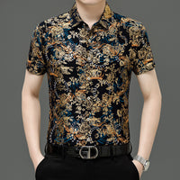 Summer Men's Middle-aged Printed Shirt Short Sleeve Stretch Ice Silk Leisure