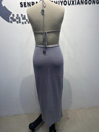 BKQU Fashion Glitter Backless Knit Long Dress Women Halter Lace-Up Sexy Embroidery See Through Party Dress 2025 Summer Lady Robe