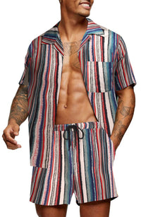 Cuban Collar Striped Short Sleeve Shirt Outfit