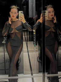 Cutenew Lace Irregular Patchwork Women Dress Sexy Coquette See Through Full Sleeve Maxi Bodycon Lady Stunning Nightout Club Robe