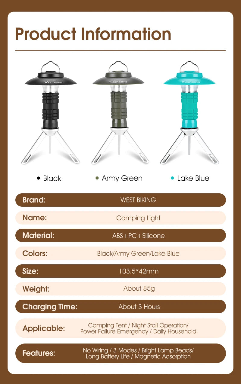 WEST BIKING Portable Camping Light 3 In