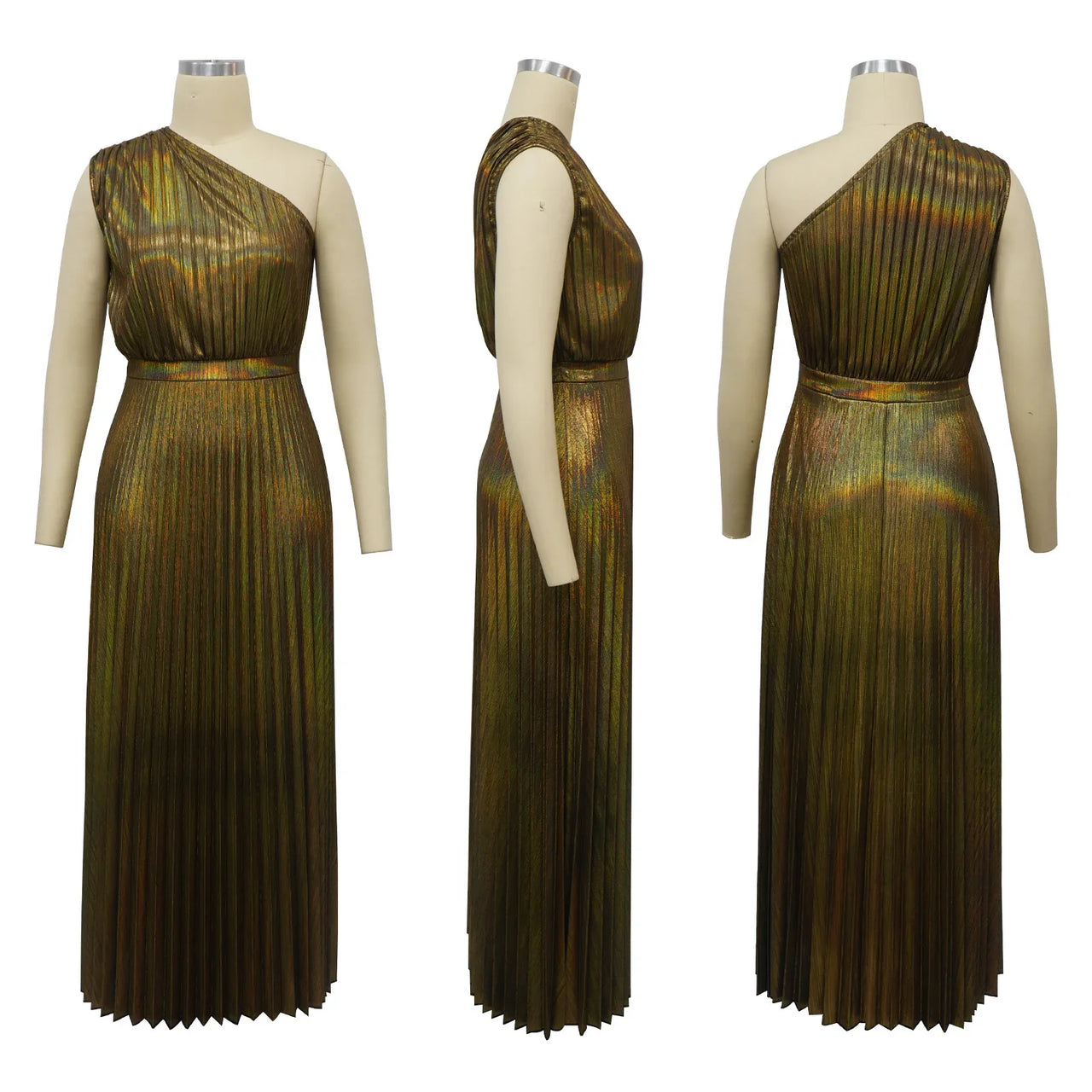 Elegant Women Even Dresses Luxury Maxi Long Metallic Pleated Dress One Shoulder Sleeveless Premium Shiny Shimmer Gowns