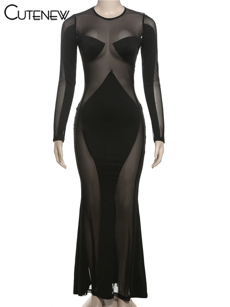 Cutenew Lace Irregular Patchwork Women Dress Sexy Coquette See Through Full Sleeve Maxi Bodycon Lady Stunning Nightout Club Robe