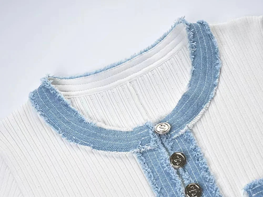 Elegant Contrasting Women Knit Maxi Dress Chic O-neck Short Sleeve Metal Buttons Bodycon Dresses Office Lady Commuting Robe