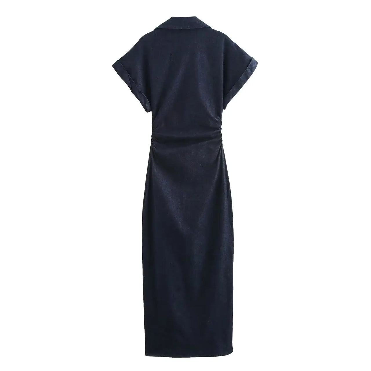 ETJ 2025 traf Spring New 1975 series denim MIDI dress with lapel side zipper fashion wrinkle waist slim elegant dress