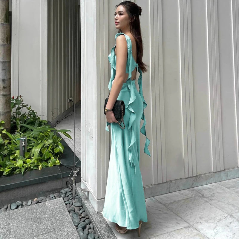 Dulzura Satin Backless Maxi Dress Tassels Sexy Sleeveless 2024 Summer Women Body-Shaping Clubwear Birthday Party Elegant