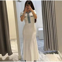 Elegant Contrasting Women Knit Maxi Dress Chic O-neck Short Sleeve Metal Buttons Bodycon Dresses Office Lady Commuting Robe