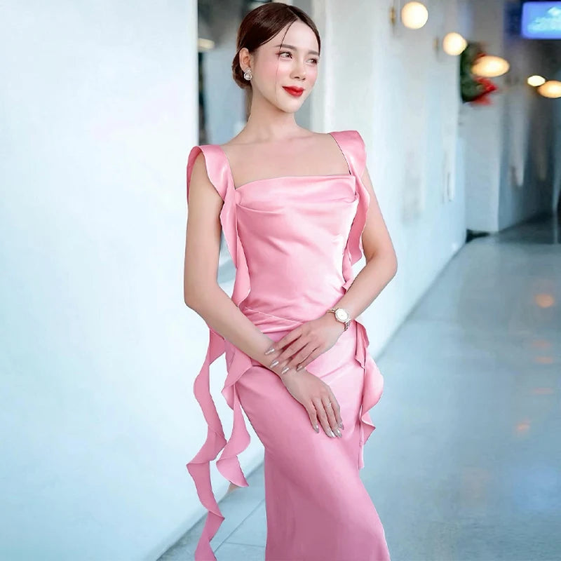 Dulzura Satin Backless Maxi Dress Tassels Sexy Sleeveless 2024 Summer Women Body-Shaping Clubwear Birthday Party Elegant