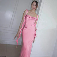 Dulzura Satin Backless Maxi Dress Tassels Sexy Sleeveless 2024 Summer Women Body-Shaping Clubwear Birthday Party Elegant