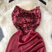 Chic Sequin Asymmetric Backless Slip Dress Sleeveless Korean Fashion Vestidos Women Vintage Summer Hip Wrap Dress