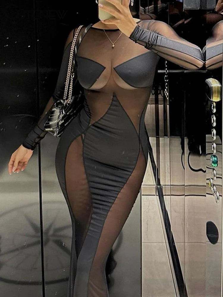 Cutenew Lace Irregular Patchwork Women Dress Sexy Coquette See Through Full Sleeve Maxi Bodycon Lady Stunning Nightout Club Robe