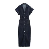 ETJ 2025 traf Spring New 1975 series denim MIDI dress with lapel side zipper fashion wrinkle waist slim elegant dress