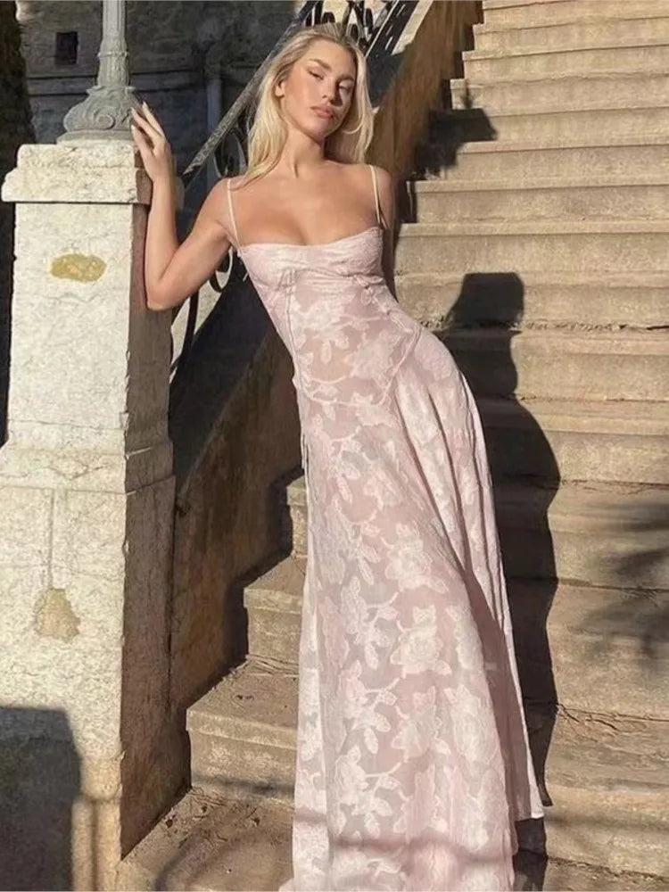 2023 Summer New Dresses For Women Spaghetti Strap Lace Hollow Out Low Cut Sexy A-lin Long Dress Beach Vacation Fashion Vestidos