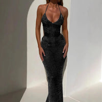 BKQU Fashion Glitter Backless Knit Long Dress Women Halter Lace-Up Sexy Embroidery See Through Party Dress 2025 Summer Lady Robe