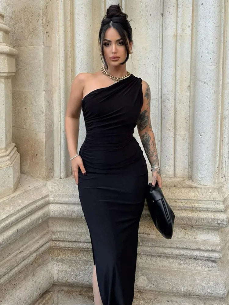 Black Maxi Dress Women Elegant Party Summer Fashion Sexy Split Sleeveless Backless Dress Off Shoulder Streetwear Club Slim Dress