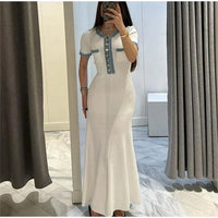 Elegant Contrasting Women Knit Maxi Dress Chic O-neck Short Sleeve Metal Buttons Bodycon Dresses Office Lady Commuting Robe