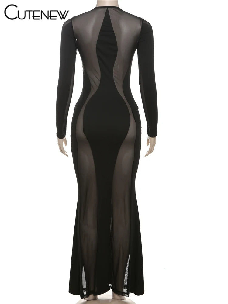 Cutenew Lace Irregular Patchwork Women Dress Sexy Coquette See Through Full Sleeve Maxi Bodycon Lady Stunning Nightout Club Robe