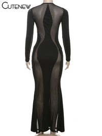 Cutenew Lace Irregular Patchwork Women Dress Sexy Coquette See Through Full Sleeve Maxi Bodycon Lady Stunning Nightout Club Robe