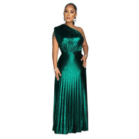 Elegant Women Even Dresses Luxury Maxi Long Metallic Pleated Dress One Shoulder Sleeveless Premium Shiny Shimmer Gowns