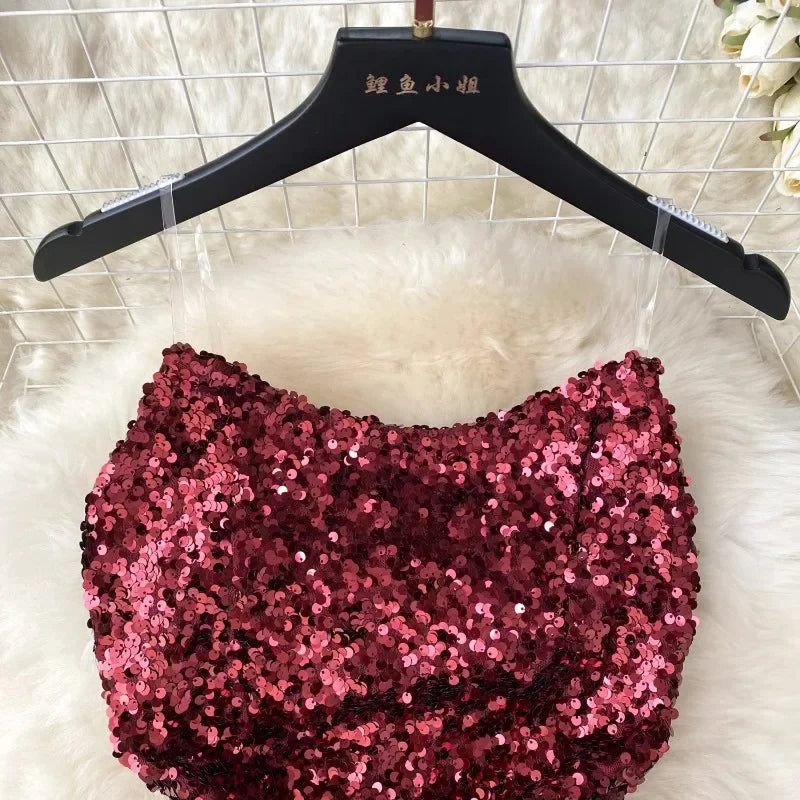 Chic Sequin Asymmetric Backless Slip Dress Sleeveless Korean Fashion Vestidos Women Vintage Summer Hip Wrap Dress