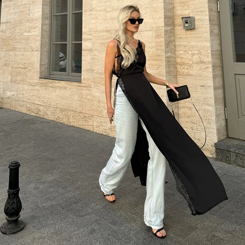 CUTENOVA  2025 Spring And Summer New Solid Color Sleeveless Lace Patchwork Sling High Split Dress Sexy Hottie Fashion Dresses