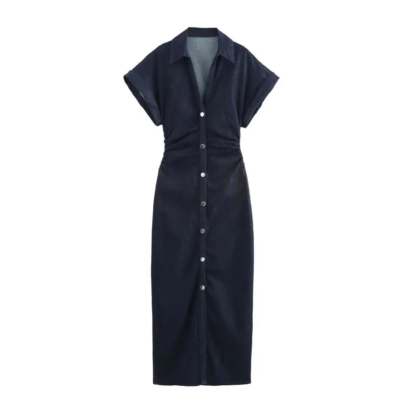 ETJ 2025 traf Spring New 1975 series denim MIDI dress with lapel side zipper fashion wrinkle waist slim elegant dress