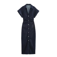 ETJ 2025 traf Spring New 1975 series denim MIDI dress with lapel side zipper fashion wrinkle waist slim elegant dress
