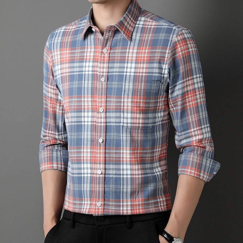 Men's Spring And Autumn Coat Casual Cotton Brushed Plaid Shirt