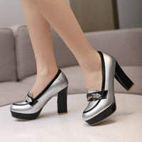 Round Toe Waterproof Platform Chunky Heel High Heel Leather Shoes