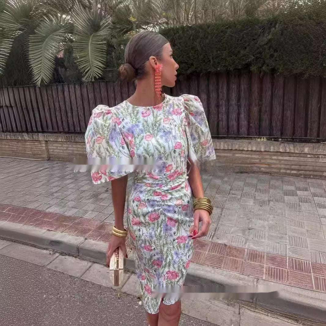 Crew Neck Split Lantern Sleeve Sexy Print Women's Dress