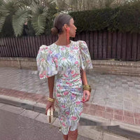 Crew Neck Split Lantern Sleeve Sexy Print Women's Dress