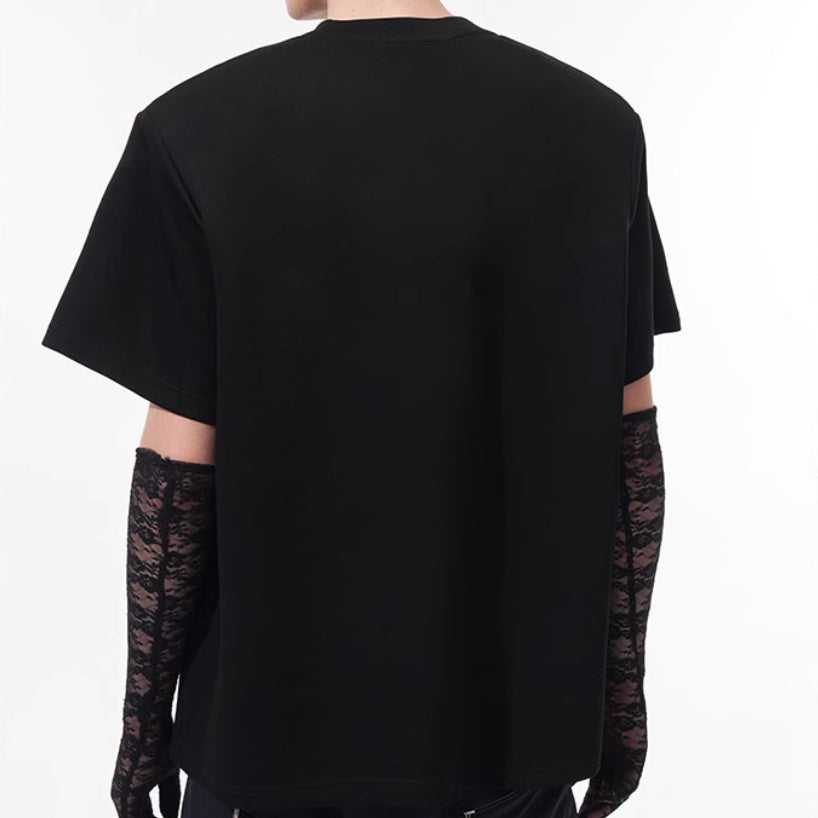 Niche Mesh Hollow Stitching Padded Shoulder Black T