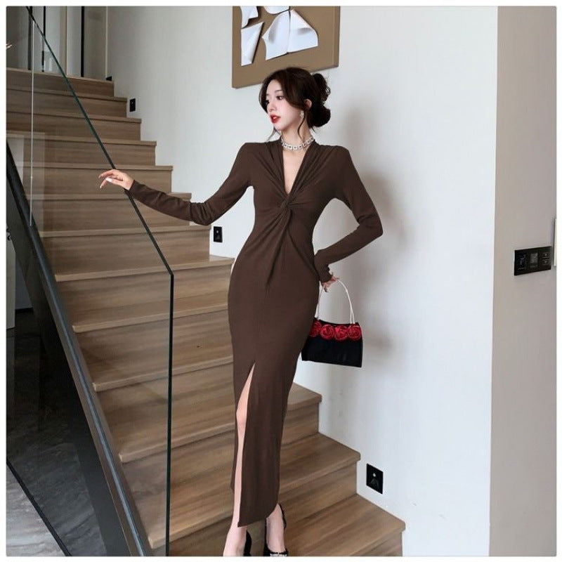 French Style Retro Elegant Kinked V-neck Long-sleeve Dress