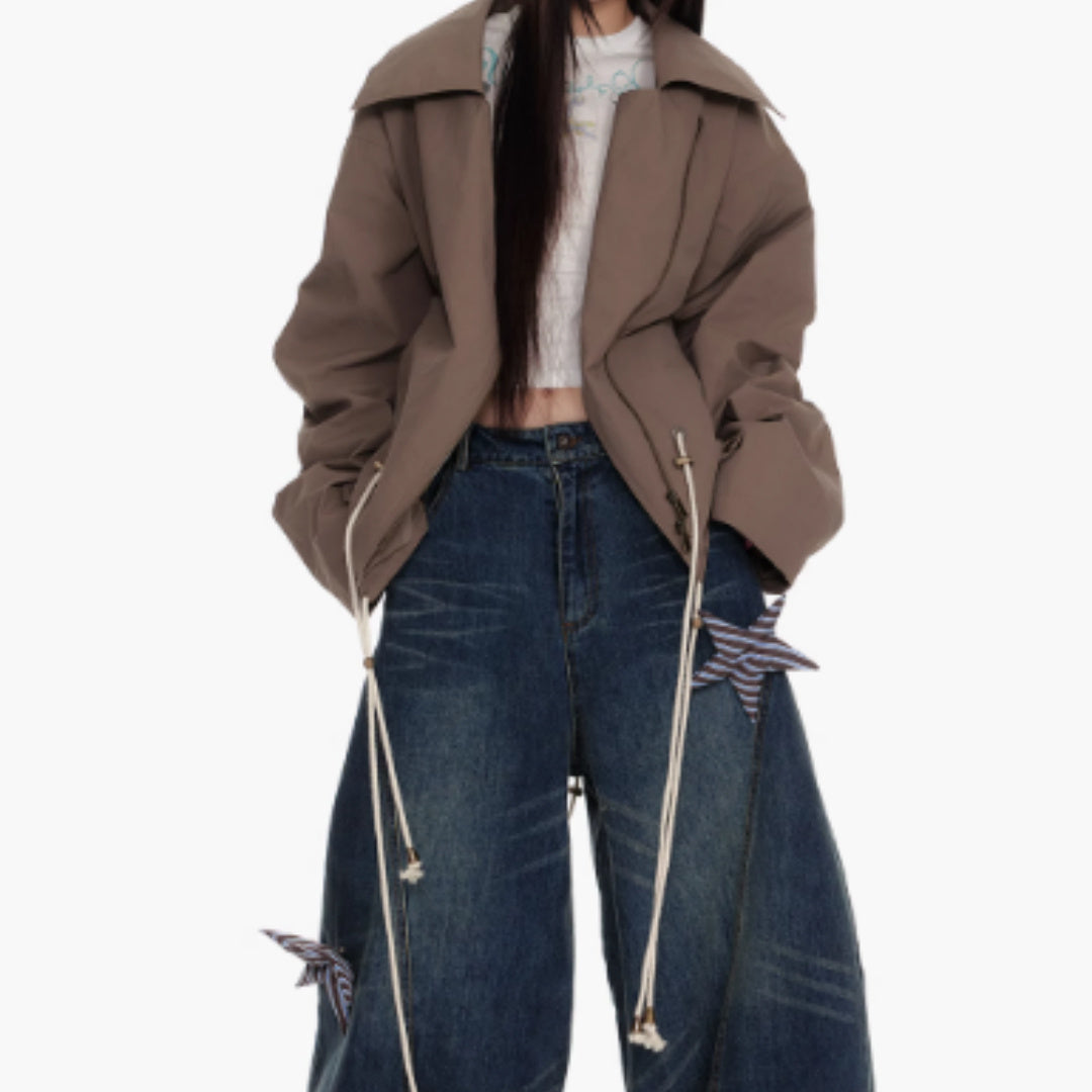 Washing Curved Knife Straight Leg Wide Leg Workwear Jeans For Women