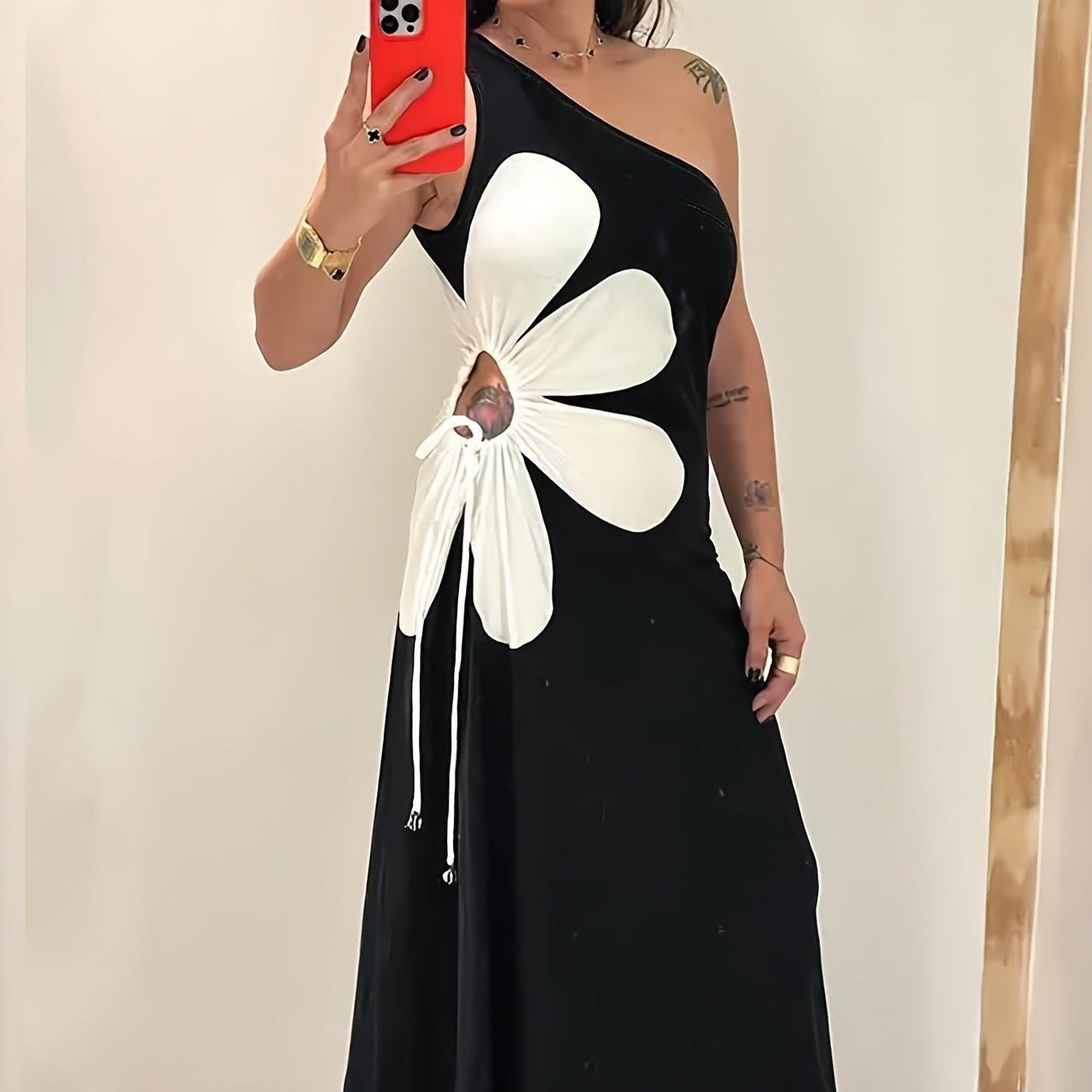 Large Flower Off-the-shoulder Sling Dress