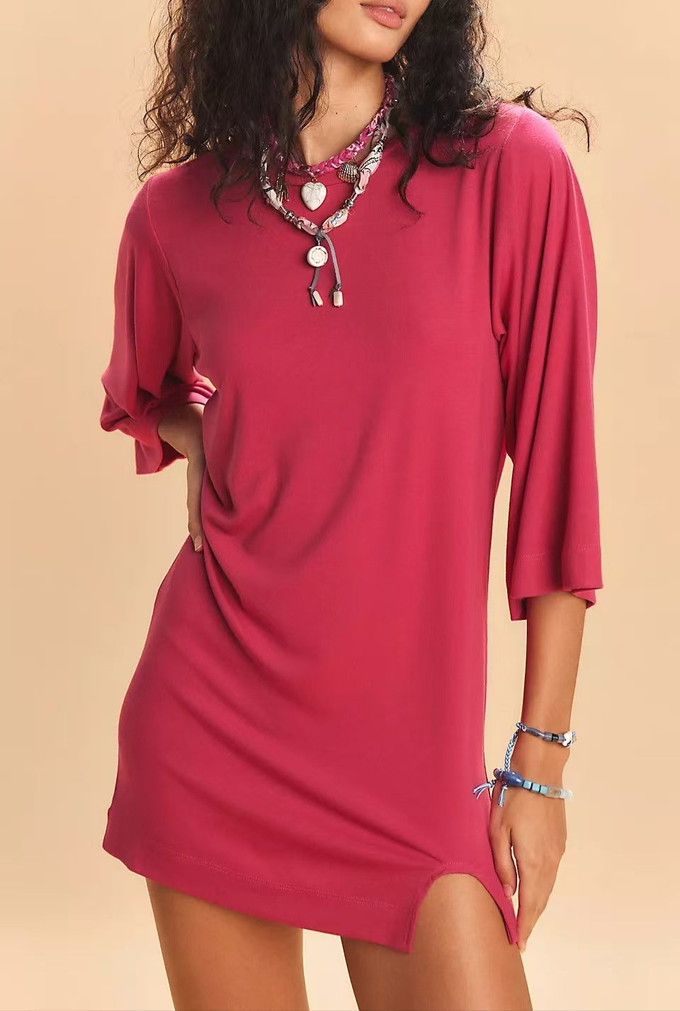 Fashion Casual Solid Color Round Neck 34 Sleeves Dress