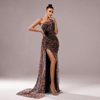 One-shoulder Diagonal Collar Leopard Sequined Evening Dress
