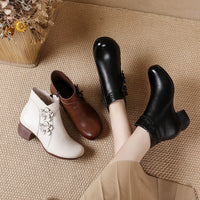 Soft Surface Cattlehide Leather Fashion Medium Chunky Heel Flower Martin Boots