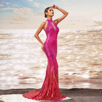 Round Neck Off-the-shoulder Slim-fit Sheath Sequined Banquet Fishtail Evening Dress