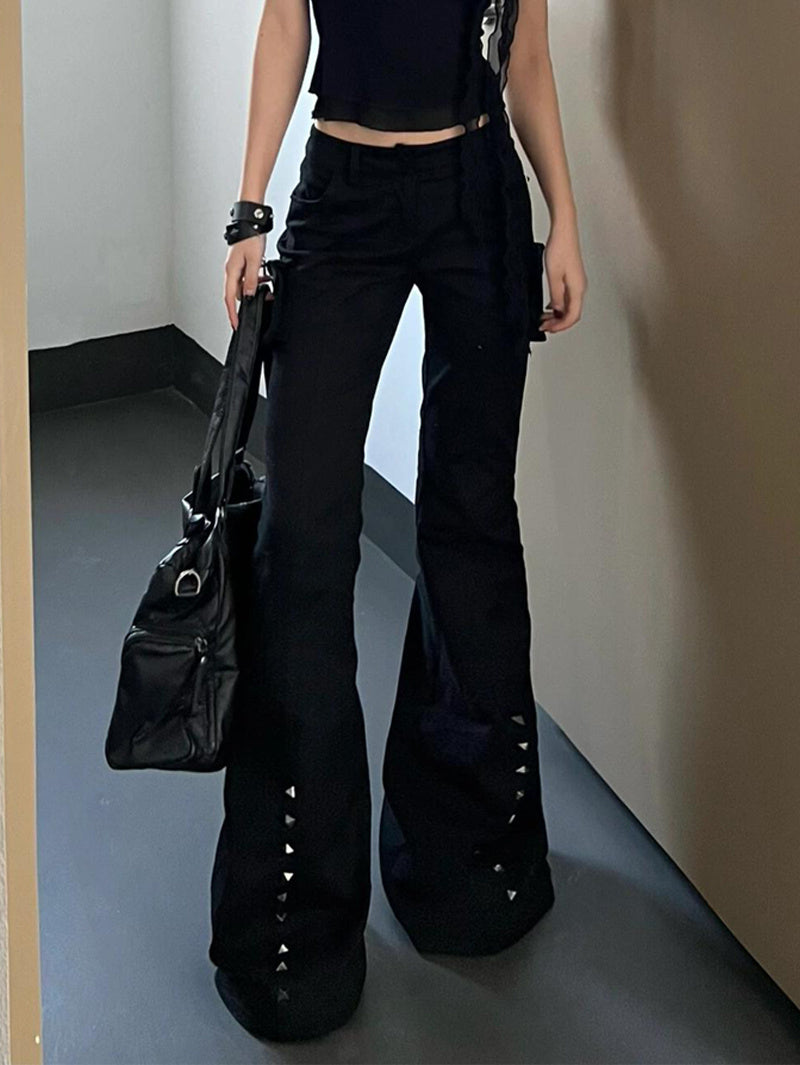 Retro Decorative Rivets Straight Slightly Flared Casual Pants