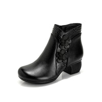 Soft Surface Cattlehide Leather Fashion Medium Chunky Heel Flower Martin Boots