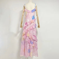 V-neck Strap Printed Backless Slim Fit Ruffled Dress