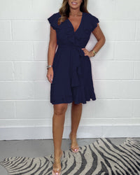 V-neck Waist-controlled Skirt Ruffled Solid Color Dress Women