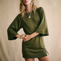 Fashion Casual Solid Color Round Neck 34 Sleeves Dress