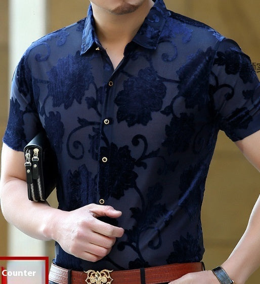 Short Sleeve Hollow Men's Shirt Flocking Embroidered Shirt
