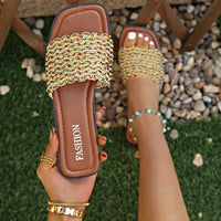 Plus Size Color Woven Slippers Female Square Toe Flat