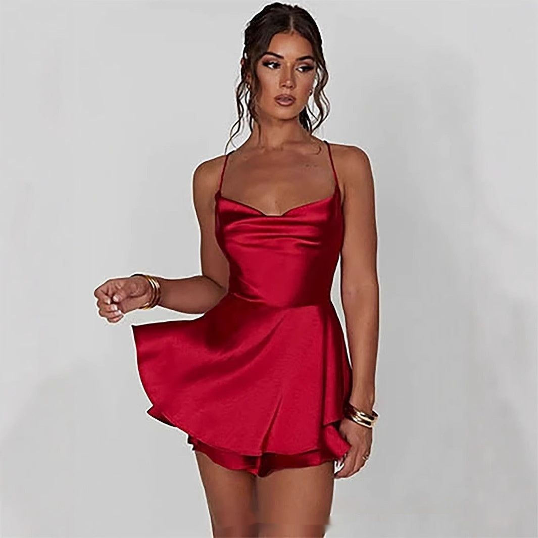 Sexy Backless Drawstring Pleated Mini Women Dress