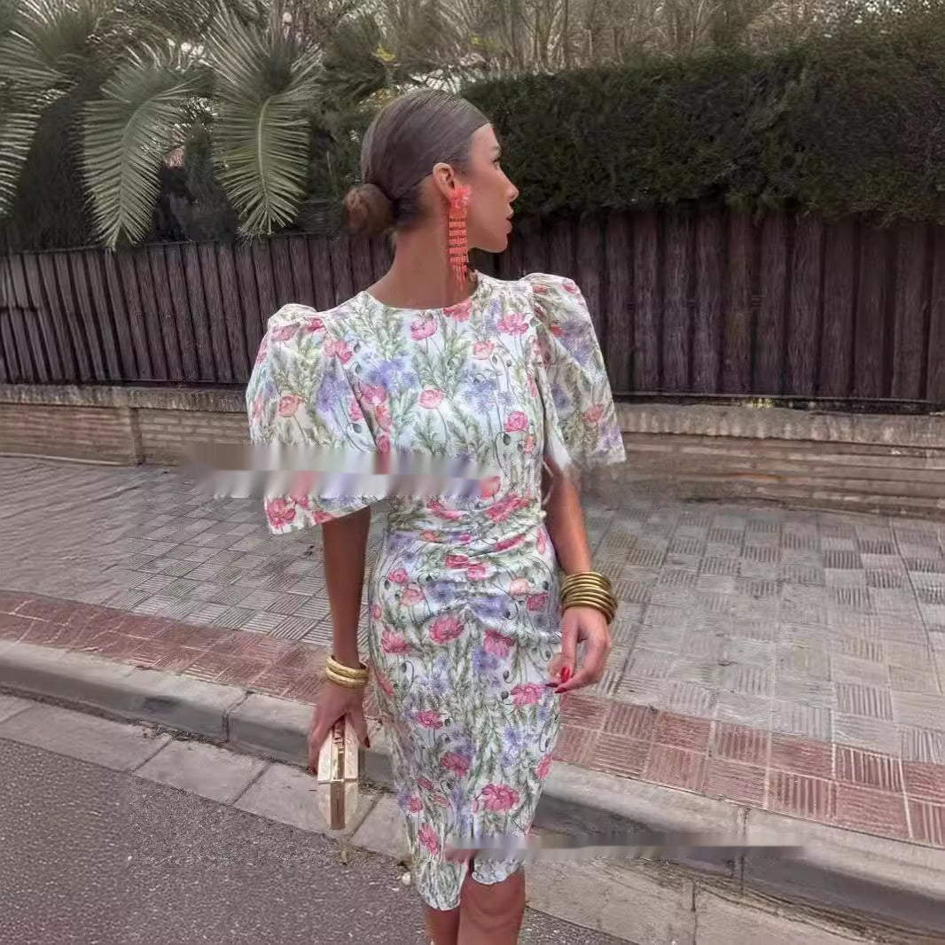 Crew Neck Split Lantern Sleeve Sexy Print Women's Dress