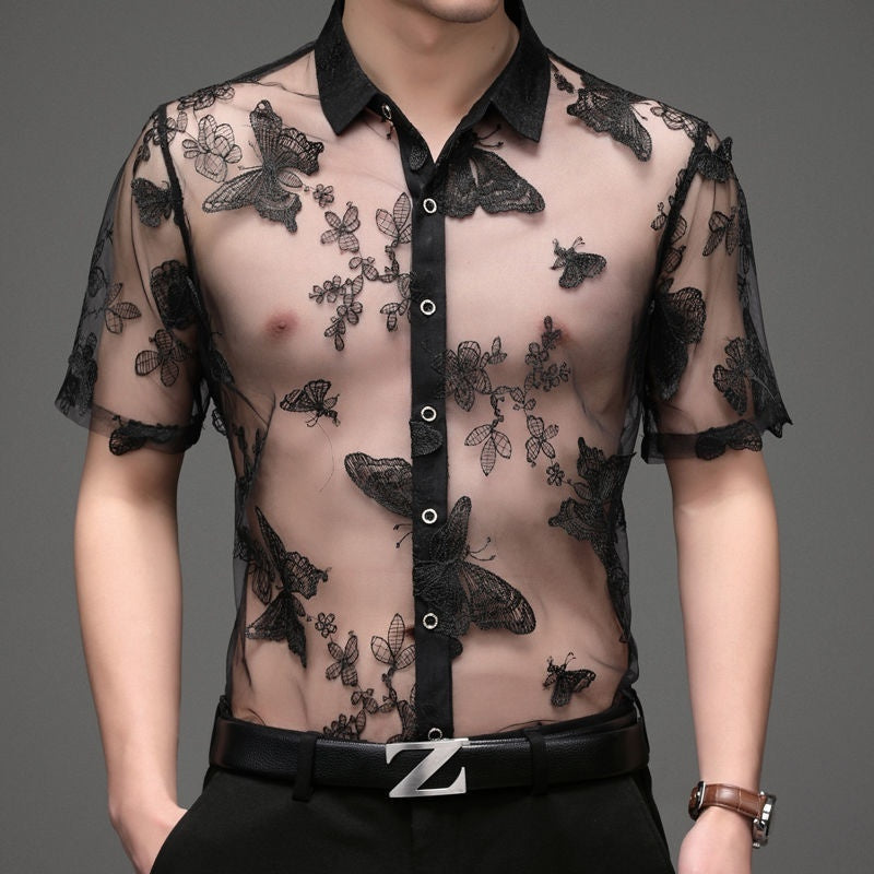 Short Sleeve Hollow Men's Shirt Flocking Embroidered Shirt